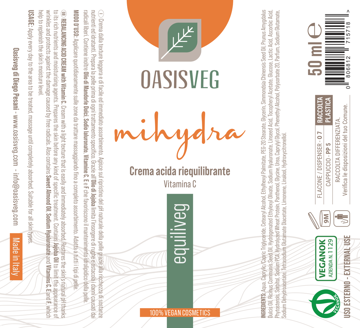 Etiqueta Equiliveg, crema facial reequilibrante con vitamina C — INCI y modo de uso, 50 ml