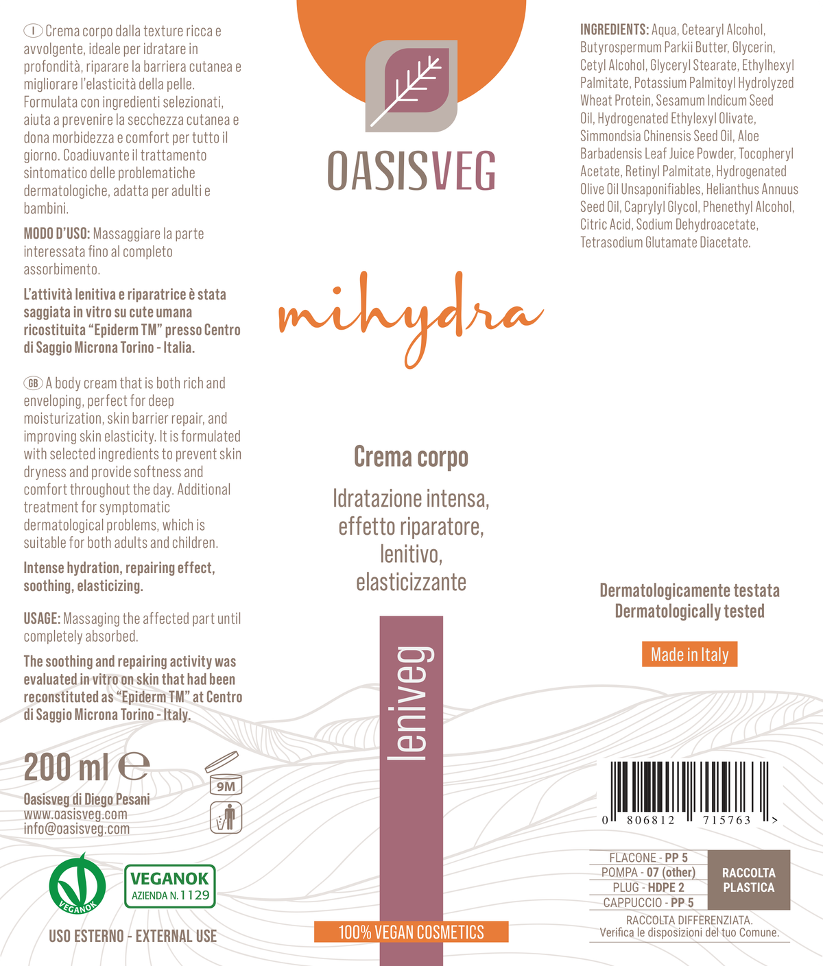 Etiqueta Leniveg, crema corporal vegana para piel seca — INCI y modo de uso, 200 ml