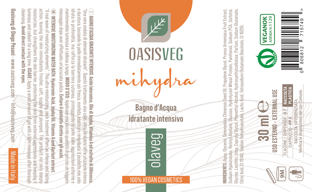 Etiqueta Olaveg, sérum facial hidratante con ácido hialurónico — INCI y modo de uso, 30 ml