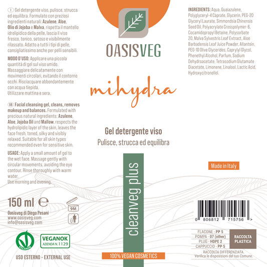 Etiqueta Cleanveg Plus, gel limpiador facial con azuleno — INCI y modo de uso, 150 ml