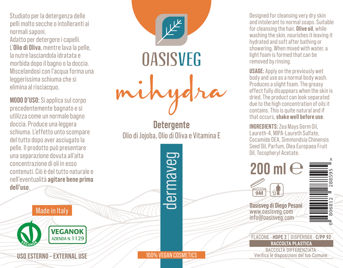 Etiqueta Dermaveg, gel de ducha vegano al aceite de oliva — INCI y modo de uso, 200 ml