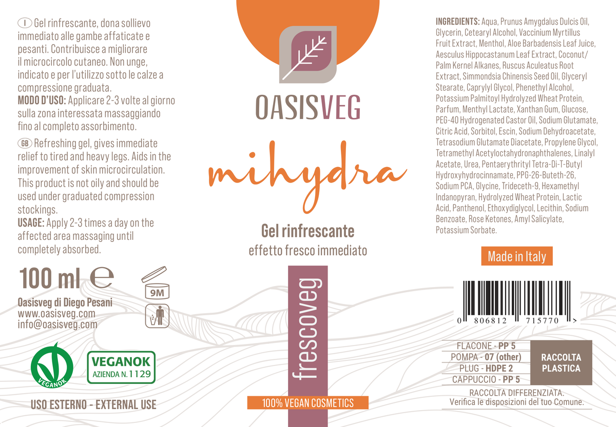 Etiqueta Frescoveg, gel frío vegano para piernas cansadas — INCI y modo de uso, 100 ml
