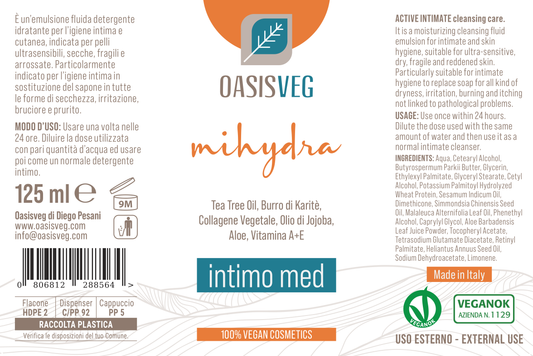 Etiqueta Intimo Med, emulsión íntima hidratante con árbol del té — INCI y modo de uso, 125 ml