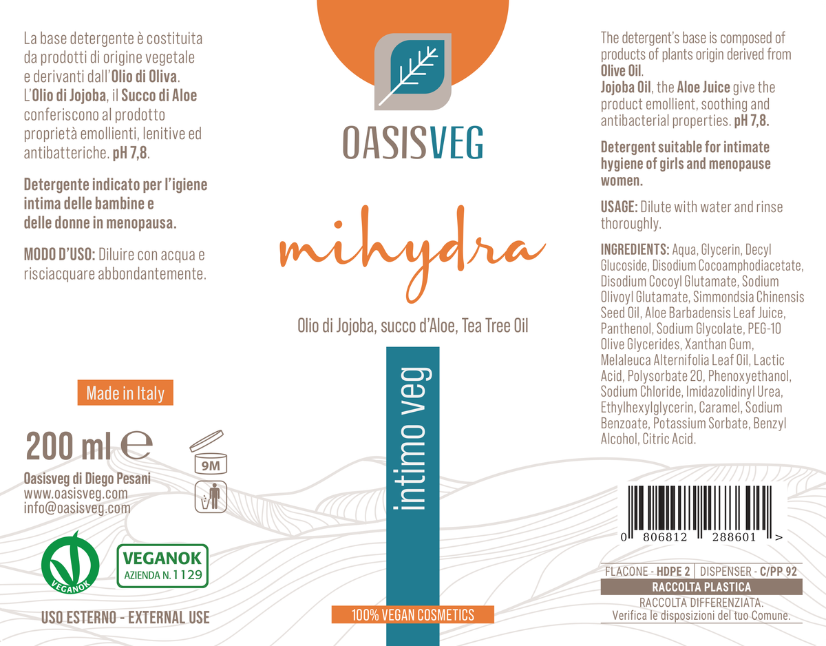 Etiqueta Intimo Veg, detergente íntimo vegano con áloe — INCI y modo de uso, 200 ml