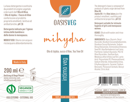 Etiqueta Intimo Veg, detergente íntimo vegano con áloe — INCI y modo de uso, 200 ml