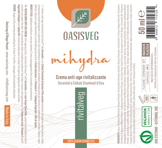 Etiqueta Rivitalveg, crema antiedad vegana con ceramidas — INCI y modo de uso, 50 ml